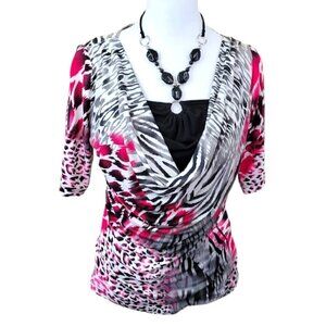 Conrad C Collection Short Sleeve Halter Insert Top Multicolor Animal Print M